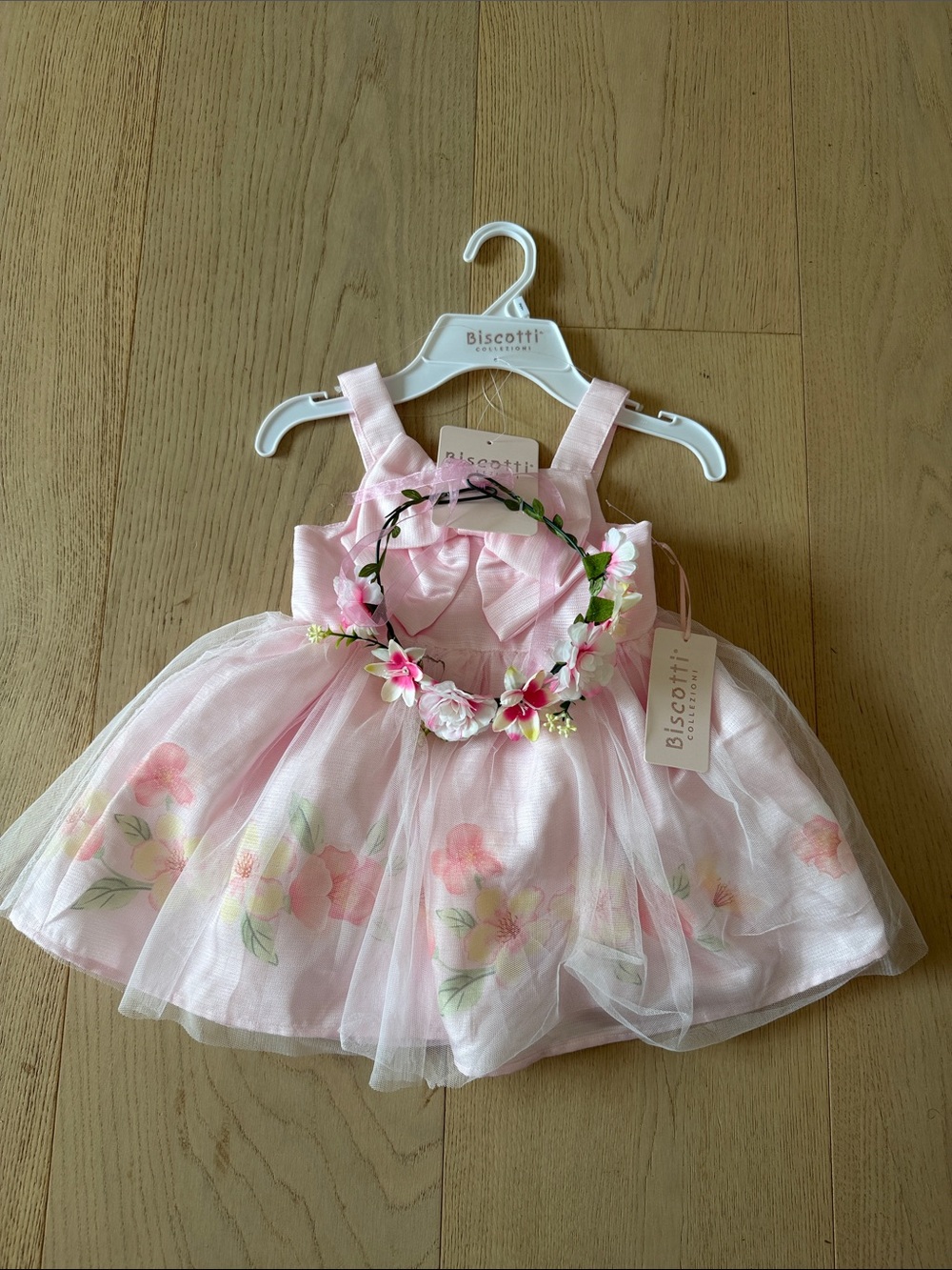 Biscotti Light Pink Floral Tulle Dress with Flower Crown